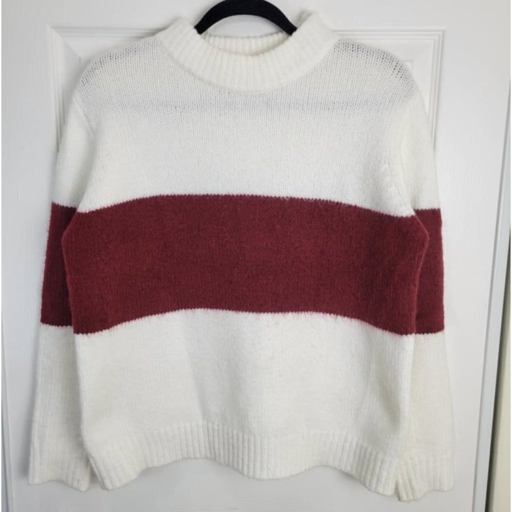 MAZIK Women's Wool Blend White Knit Colorblock Stripe Pullover Sweater S